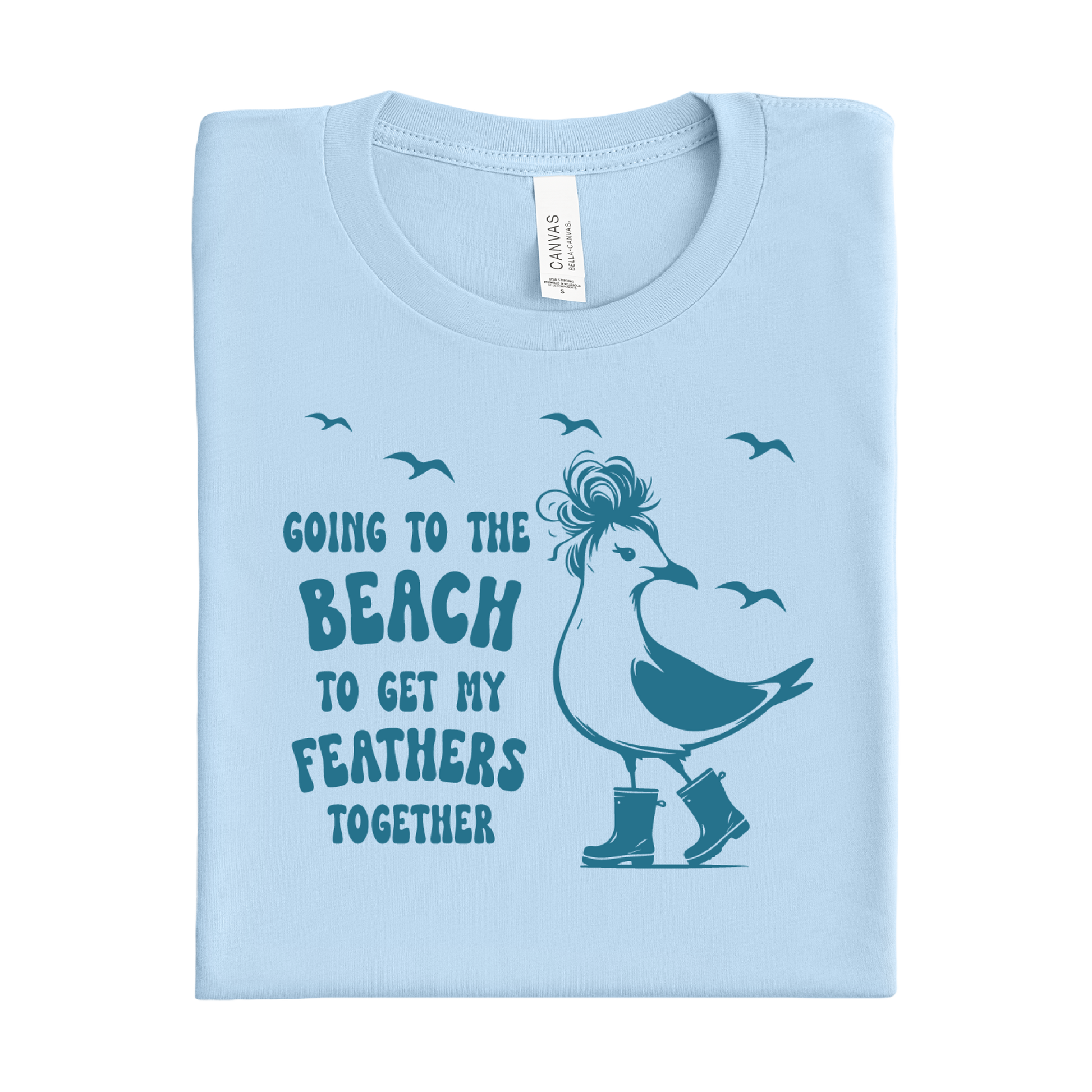 Baby blue t-shirt with a seagull graphic and text on a white background