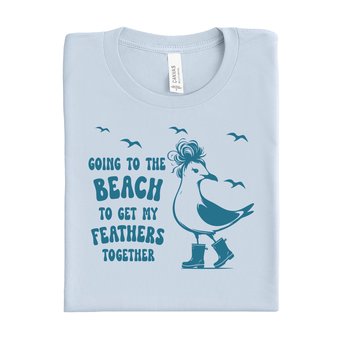 Light blue t-shirt with a seagull graphic and text on a white background