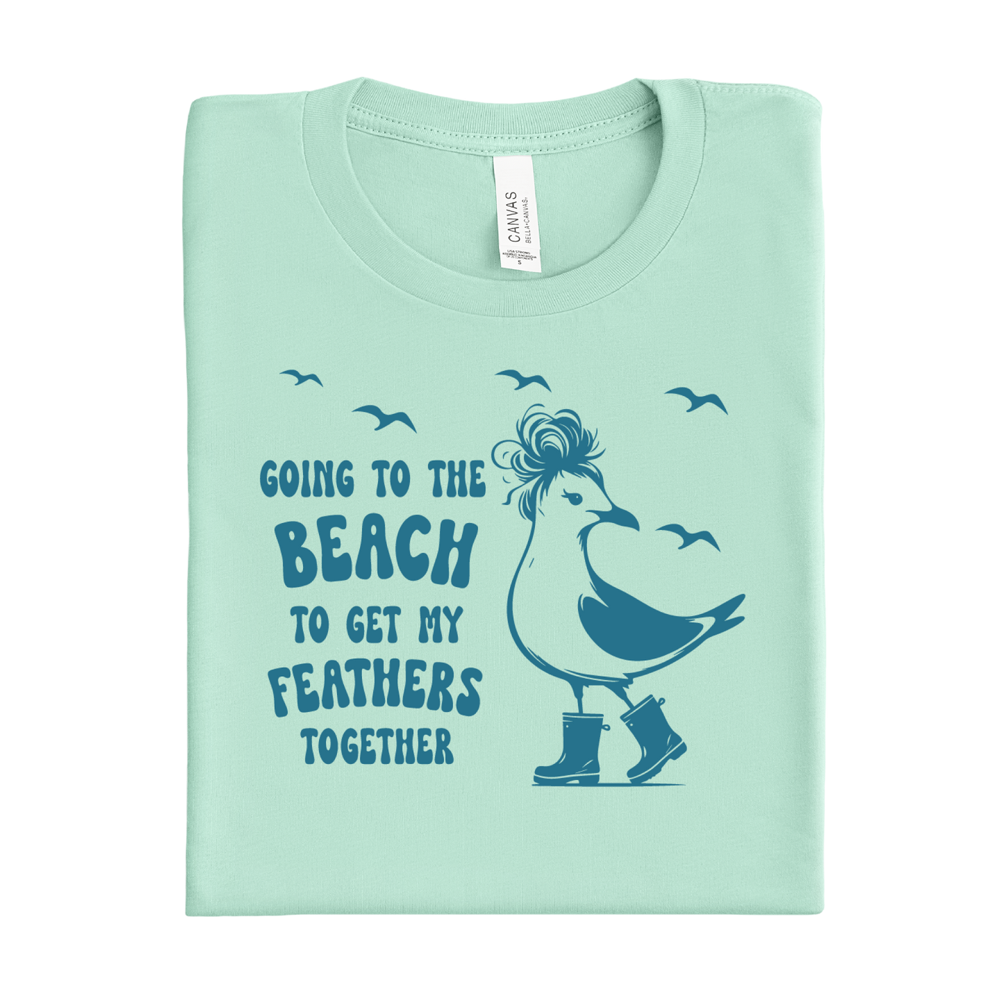 Mint green t-shirt with a graphic of a bird and text on a white background