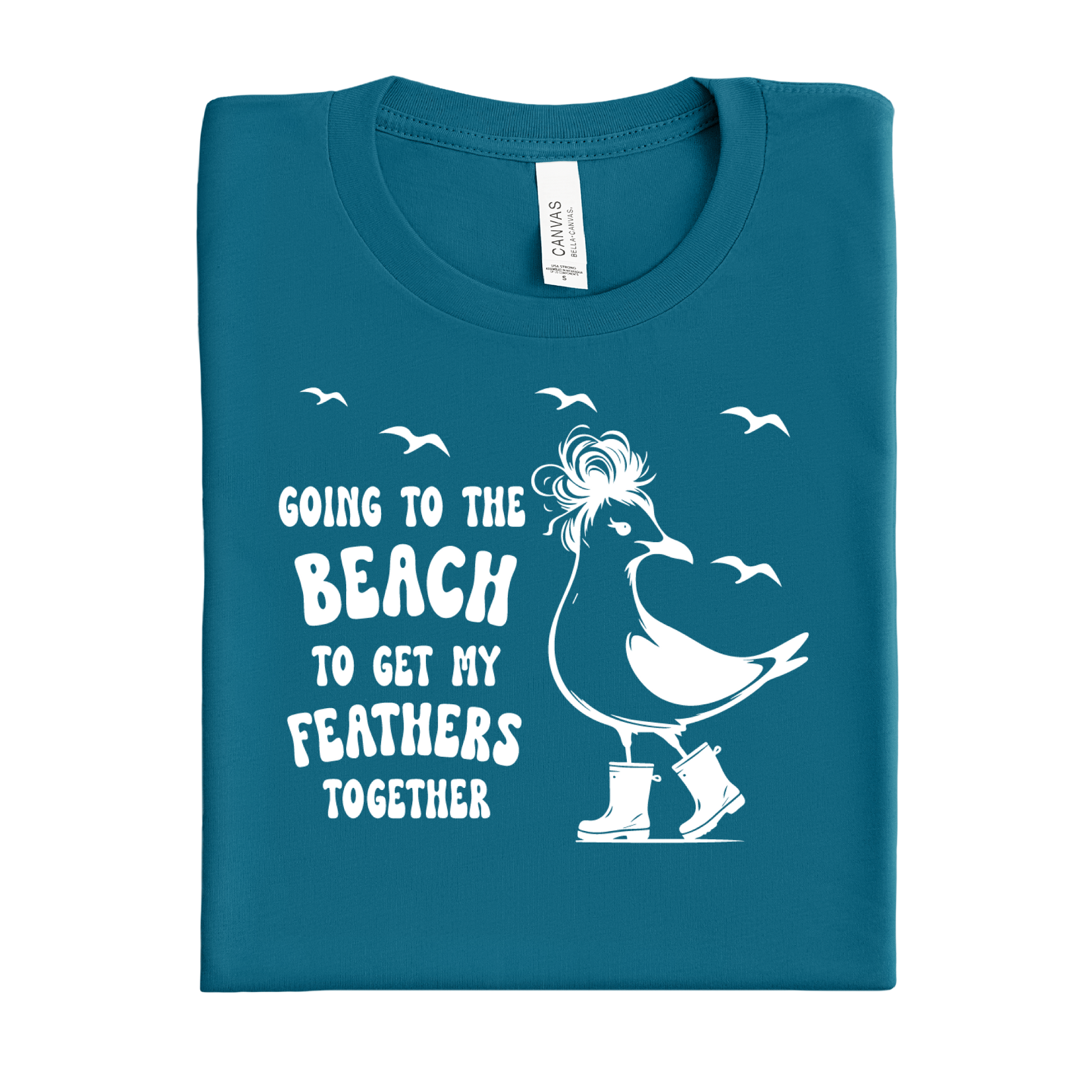 Folded deep teal t-shirt with a white graphic and text on a white background