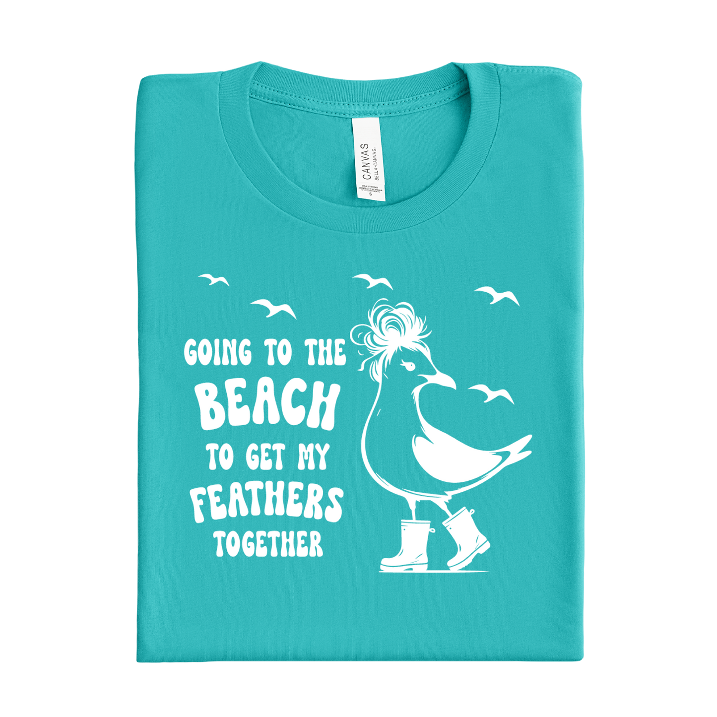 Teal t-shirt with a seagull graphic and text on a white background