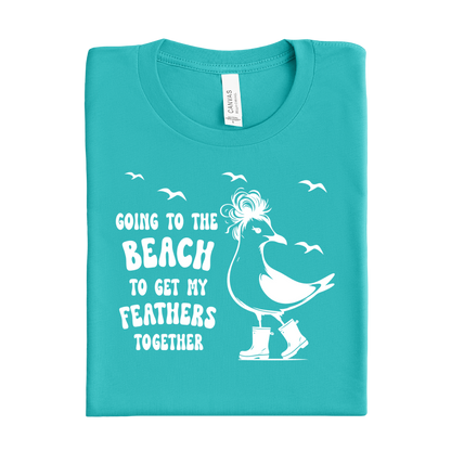 Teal t-shirt with a seagull graphic and text on a white background