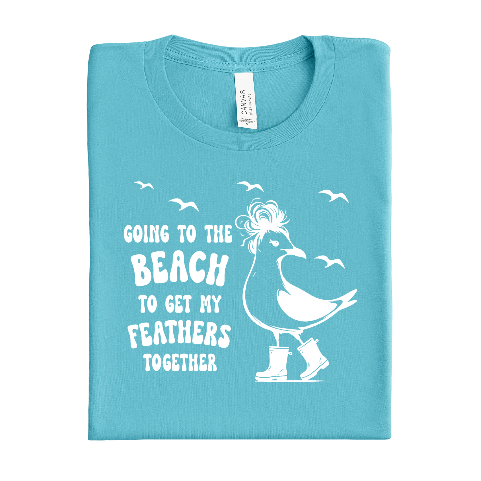 Folded Turquoise t-shirt with a white bird graphic and text on a white background
