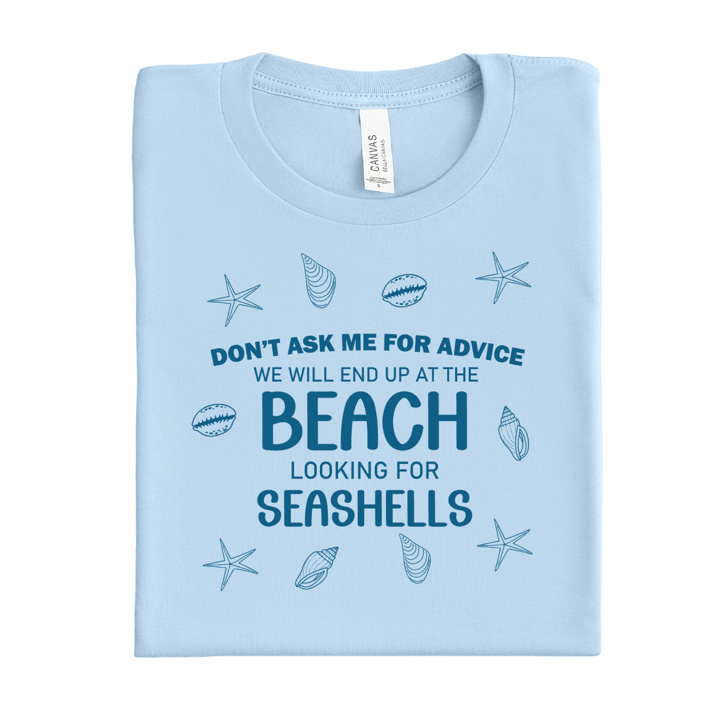 Baby blue t-shirt with beach-themed text and graphics on a white background