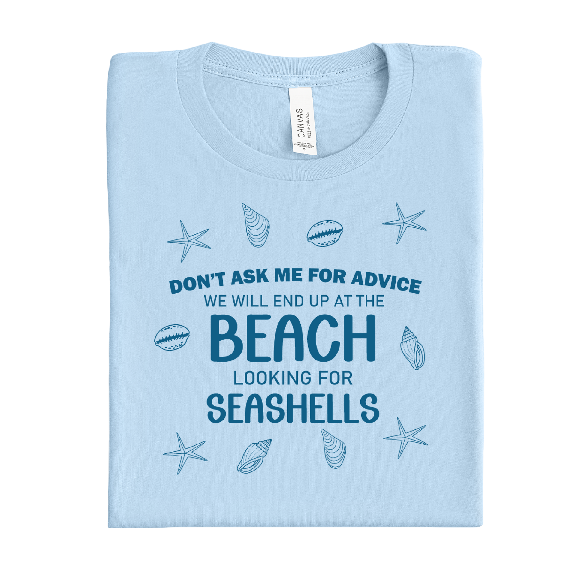 Baby blue t-shirt with beach-themed text and graphics on a white background