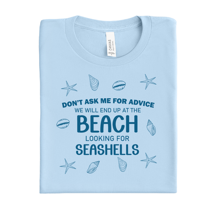 Baby blue t-shirt with beach-themed text and graphics on a white background