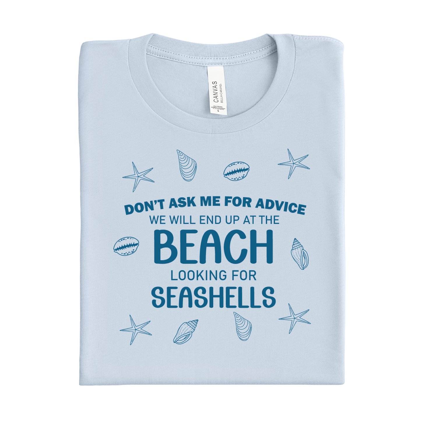 Light blue t-shirt with beach-themed text and graphics on a white background