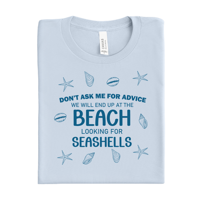 Light blue t-shirt with beach-themed text and graphics on a white background