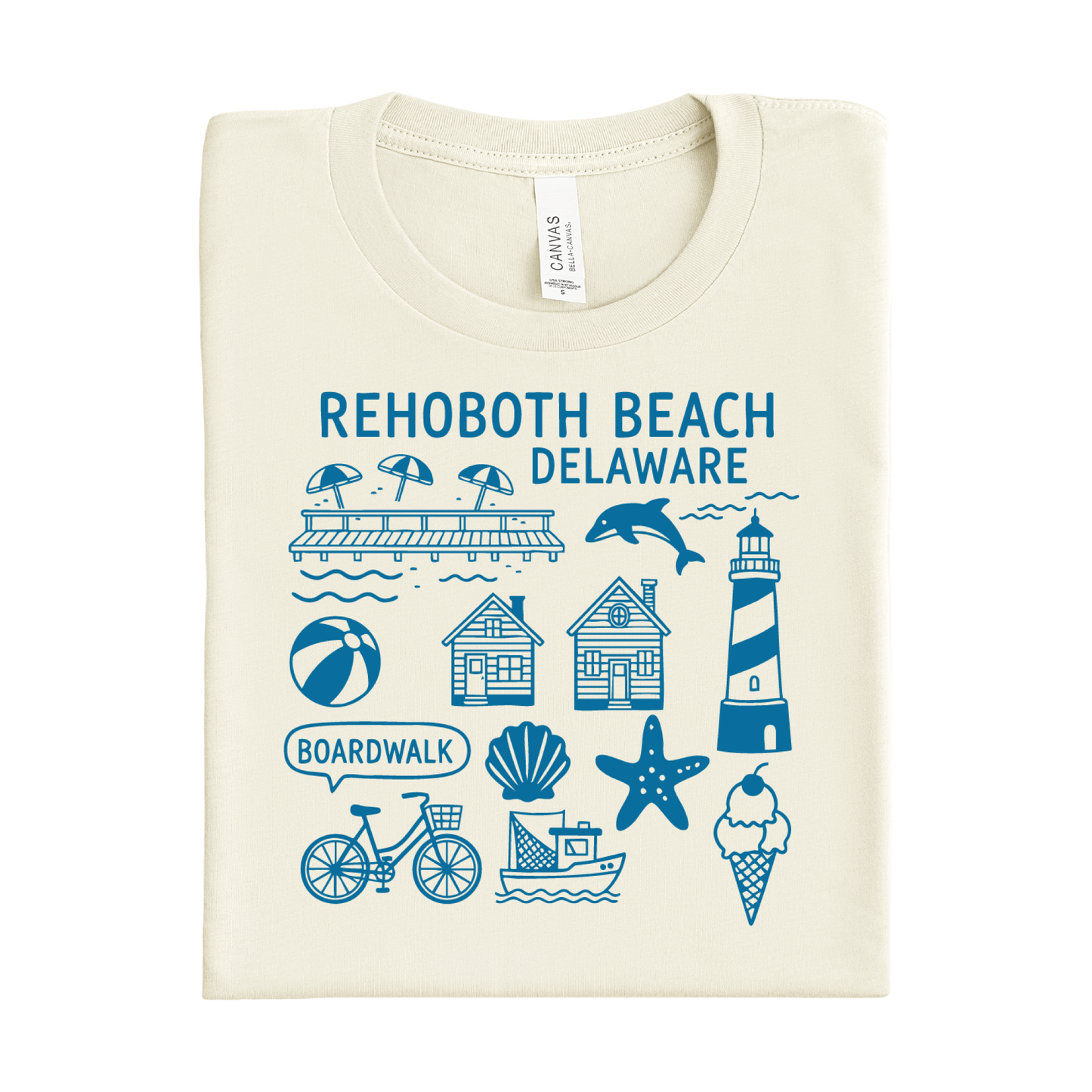 Folded t-shirt with Rehoboth Beach, Delaware graphics on a white background