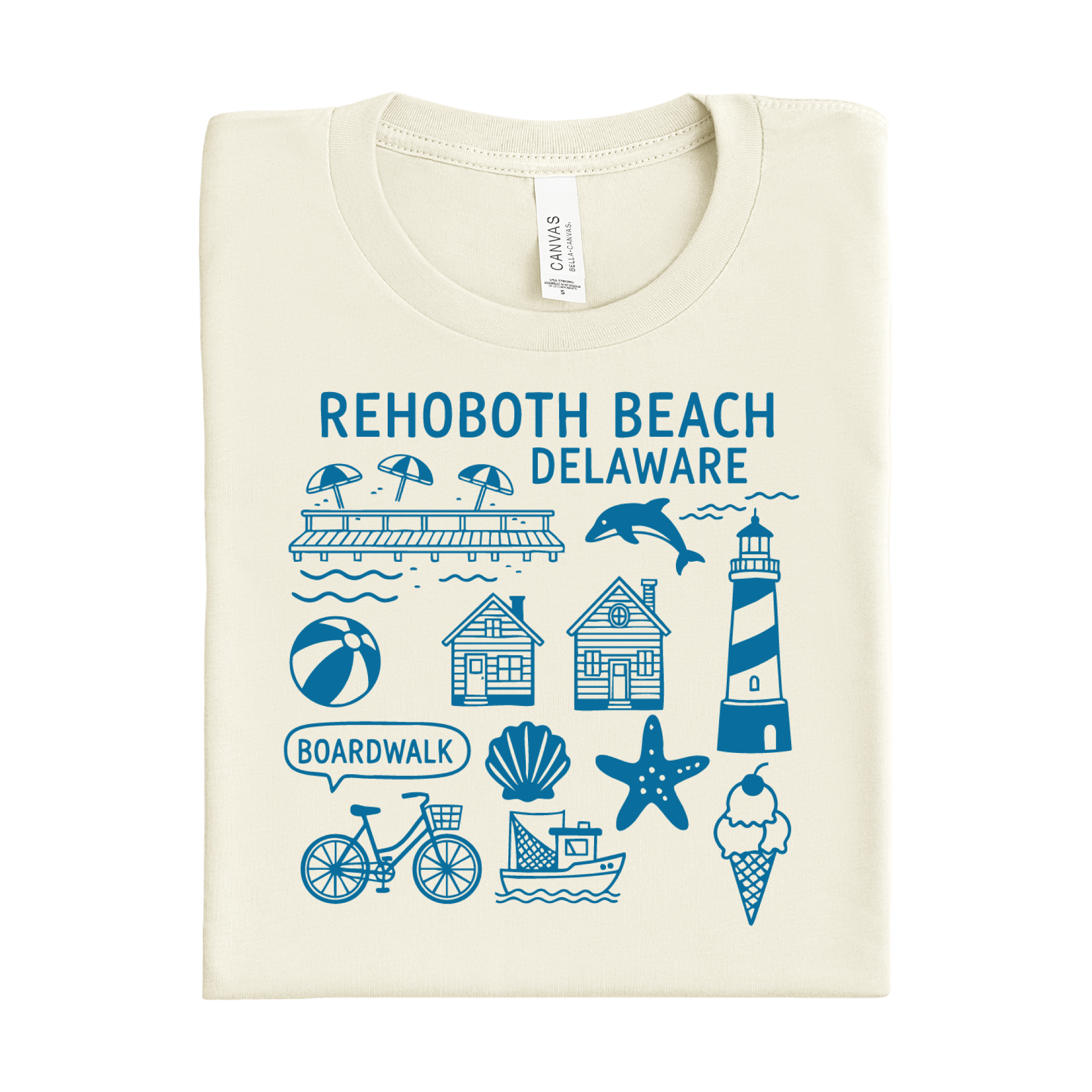 Folded t-shirt with Rehoboth Beach, Delaware graphics on a white background