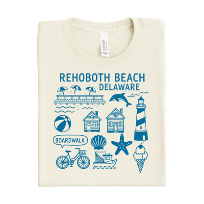 Folded t-shirt with Rehoboth Beach, Delaware graphics on a white background
