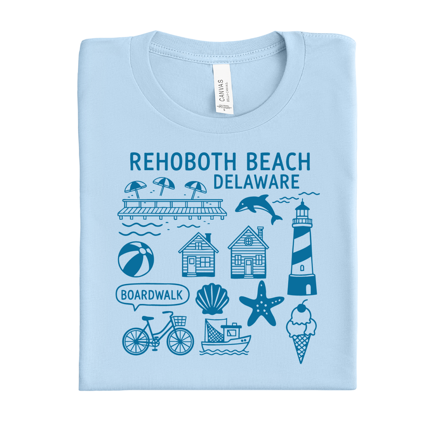Baby blue t-shirt with Rehoboth Beach Delaware graphics on a white background