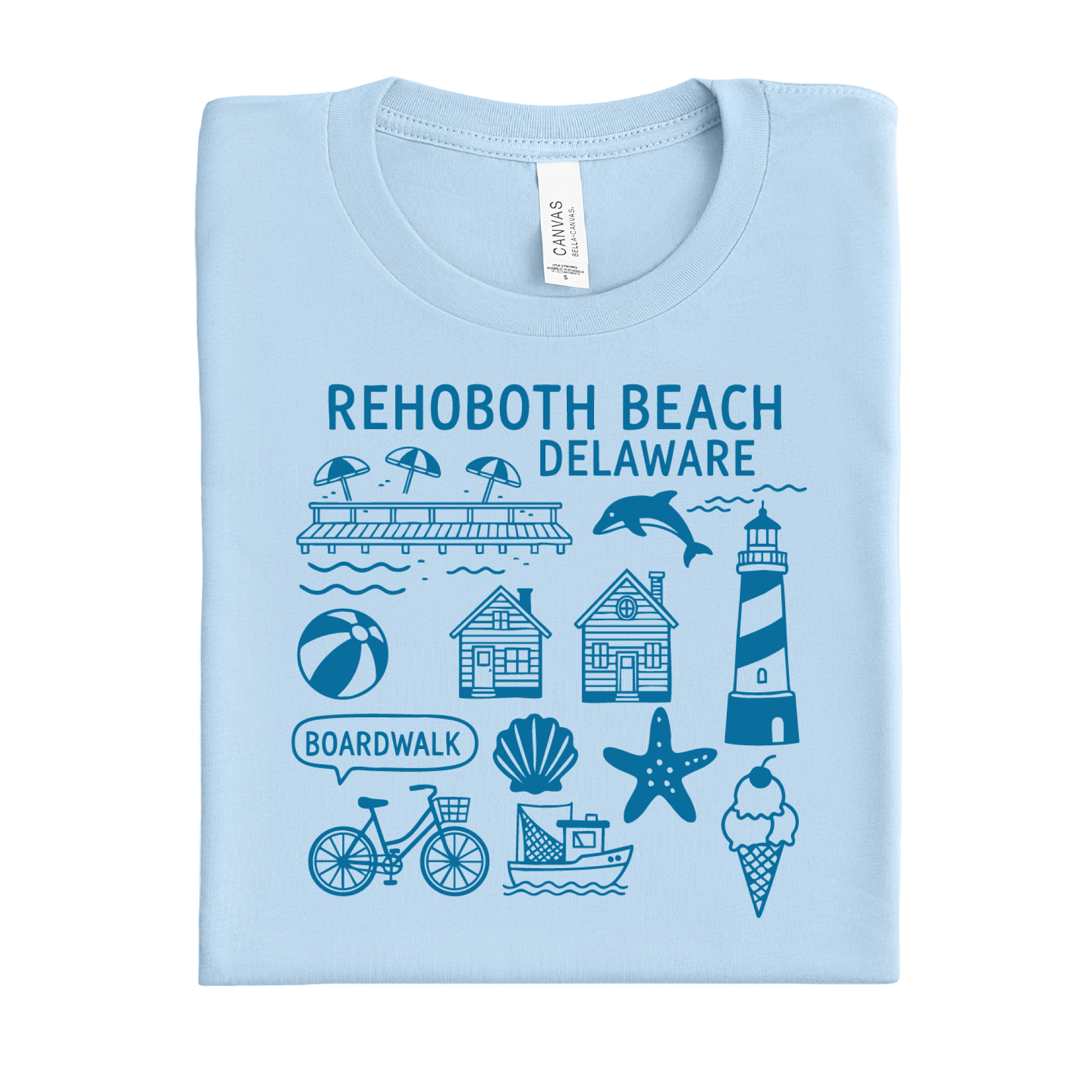 Baby blue t-shirt with Rehoboth Beach Delaware graphics on a white background
