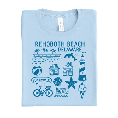 Baby blue t-shirt with Rehoboth Beach Delaware graphics on a white background