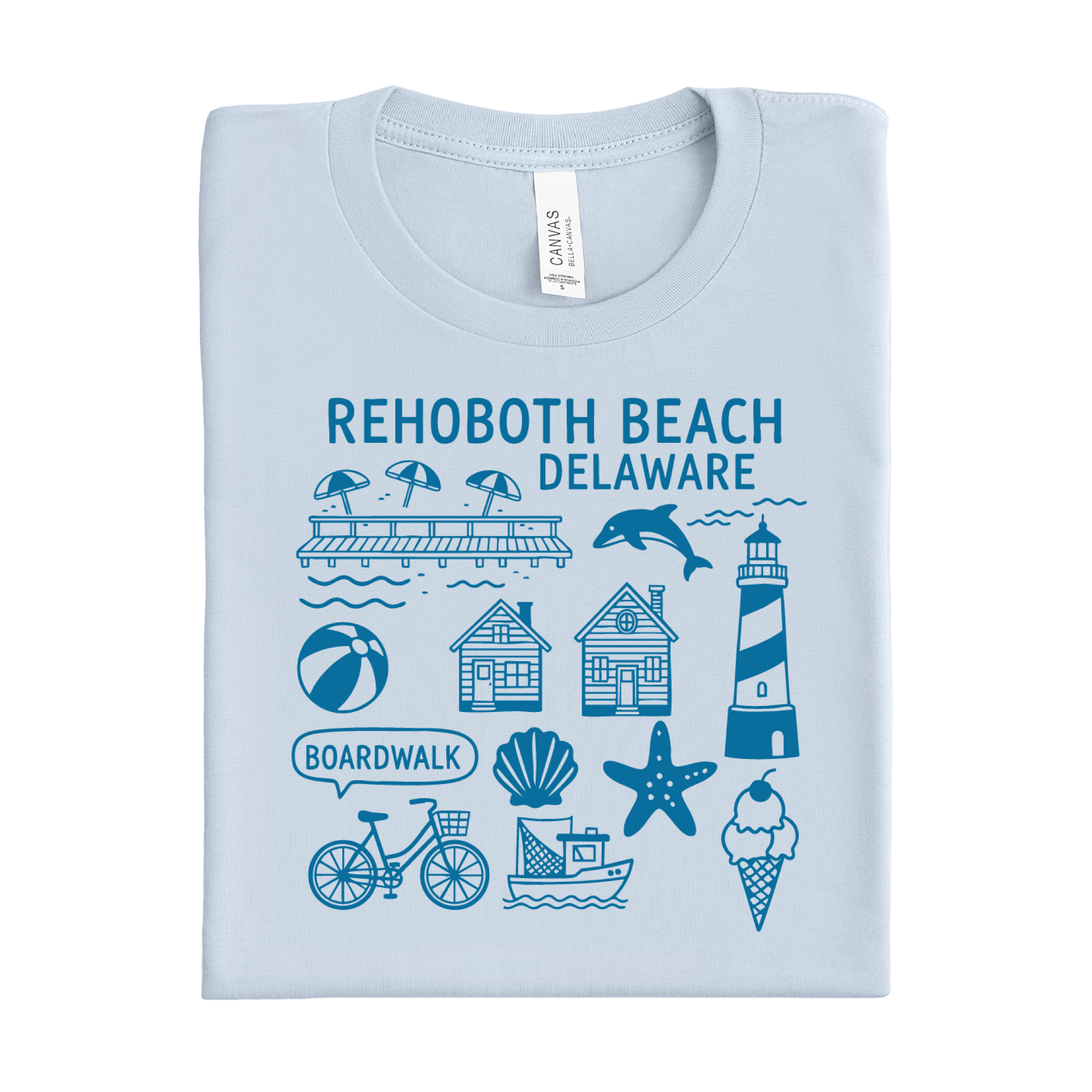 Light blue t-shirt with Rehoboth Beach, Delaware graphics on a white background