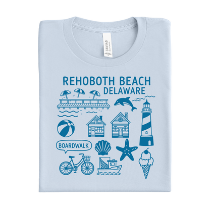 Light blue t-shirt with Rehoboth Beach, Delaware graphics on a white background