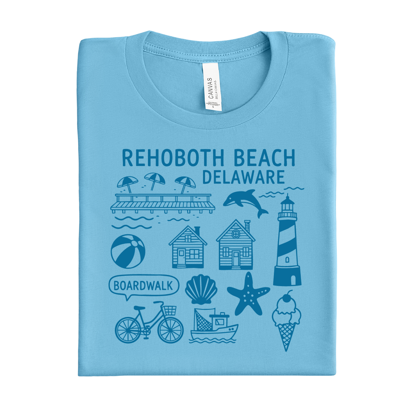 Ocean blue t-shirt with Rehoboth Beach, Delaware graphics on a white background