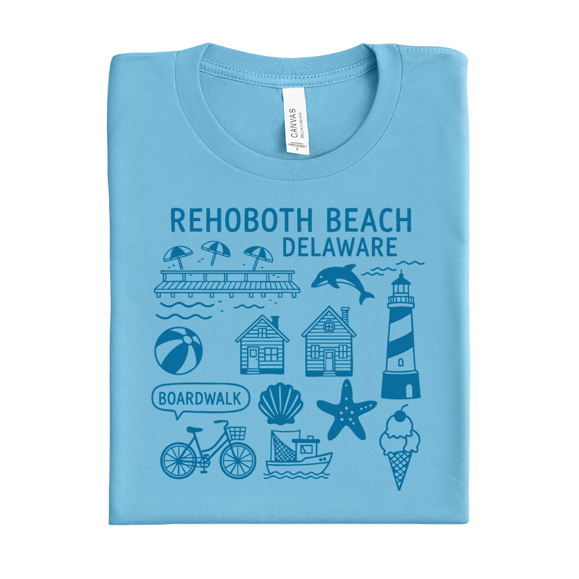 Ocean blue t-shirt with Rehoboth Beach, Delaware graphics on a white background