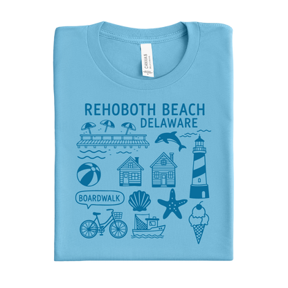 Ocean blue t-shirt with Rehoboth Beach, Delaware graphics on a white background