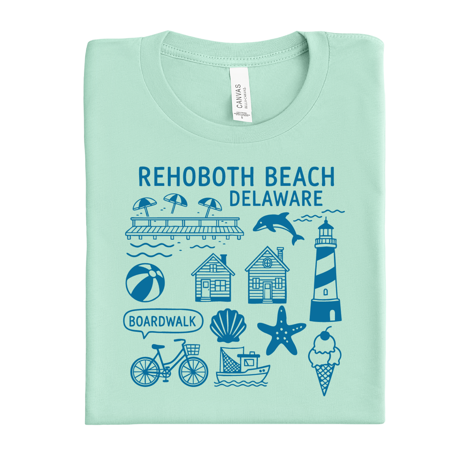 Mint Green t-shirt with Rehoboth Beach, Delaware graphics on a white background