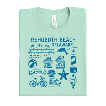 Mint Green t-shirt with Rehoboth Beach, Delaware graphics on a white background
