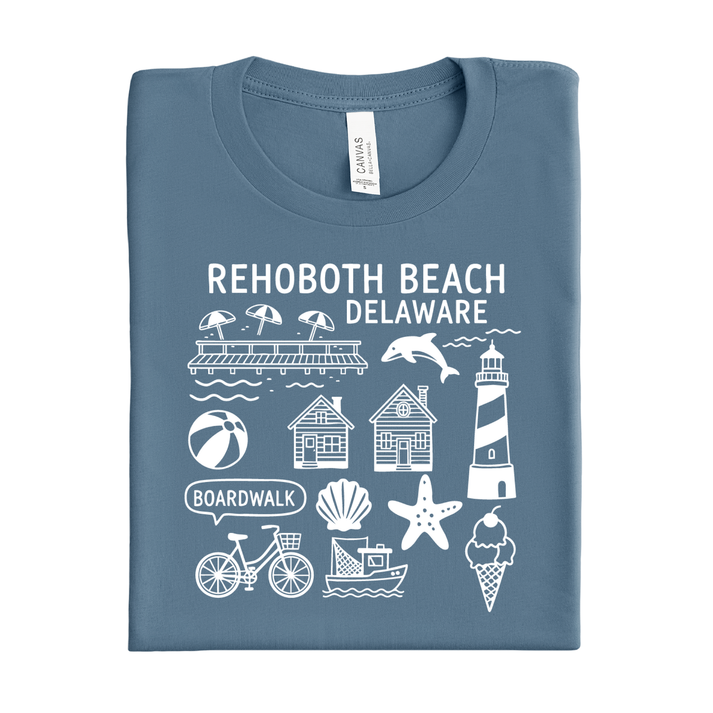 Folded steel blue t-shirt with white Rehoboth Beach Delaware graphics on a white background