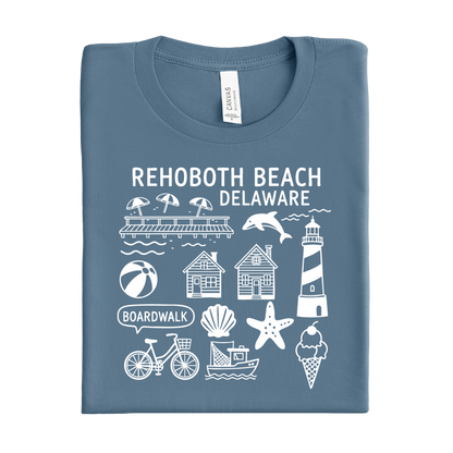 Folded steel blue t-shirt with white Rehoboth Beach Delaware graphics on a white background