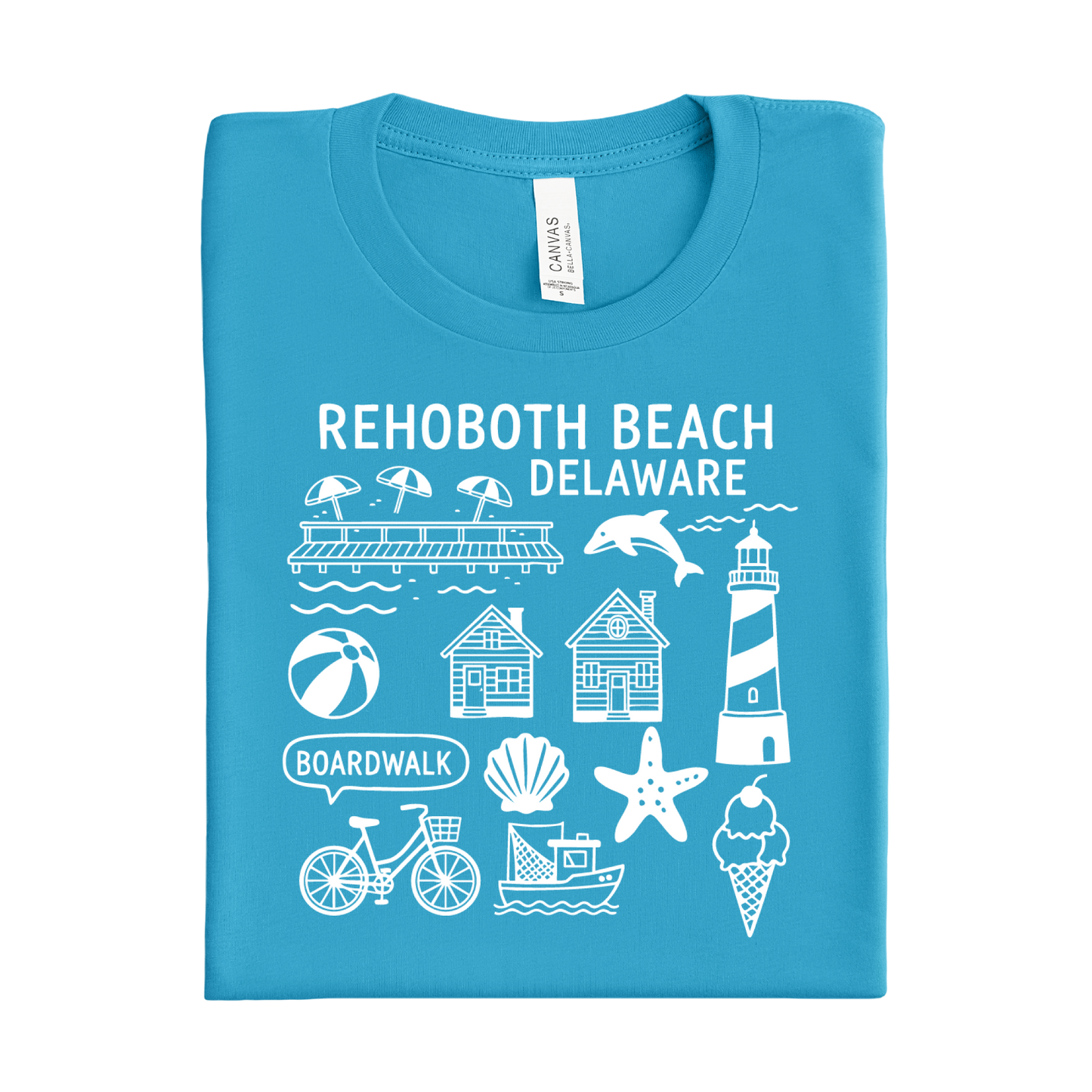 aqua Blue t-shirt with white graphics and text about Rehoboth Beach, Delaware