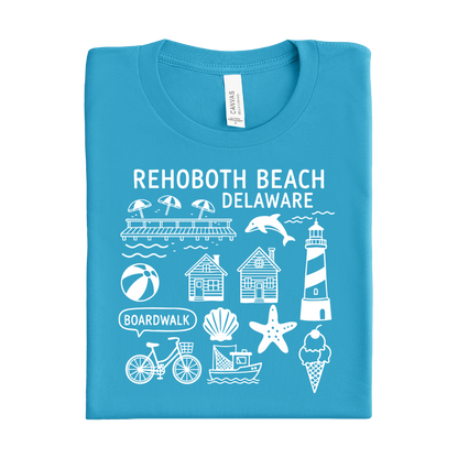 aqua Blue t-shirt with white graphics and text about Rehoboth Beach, Delaware