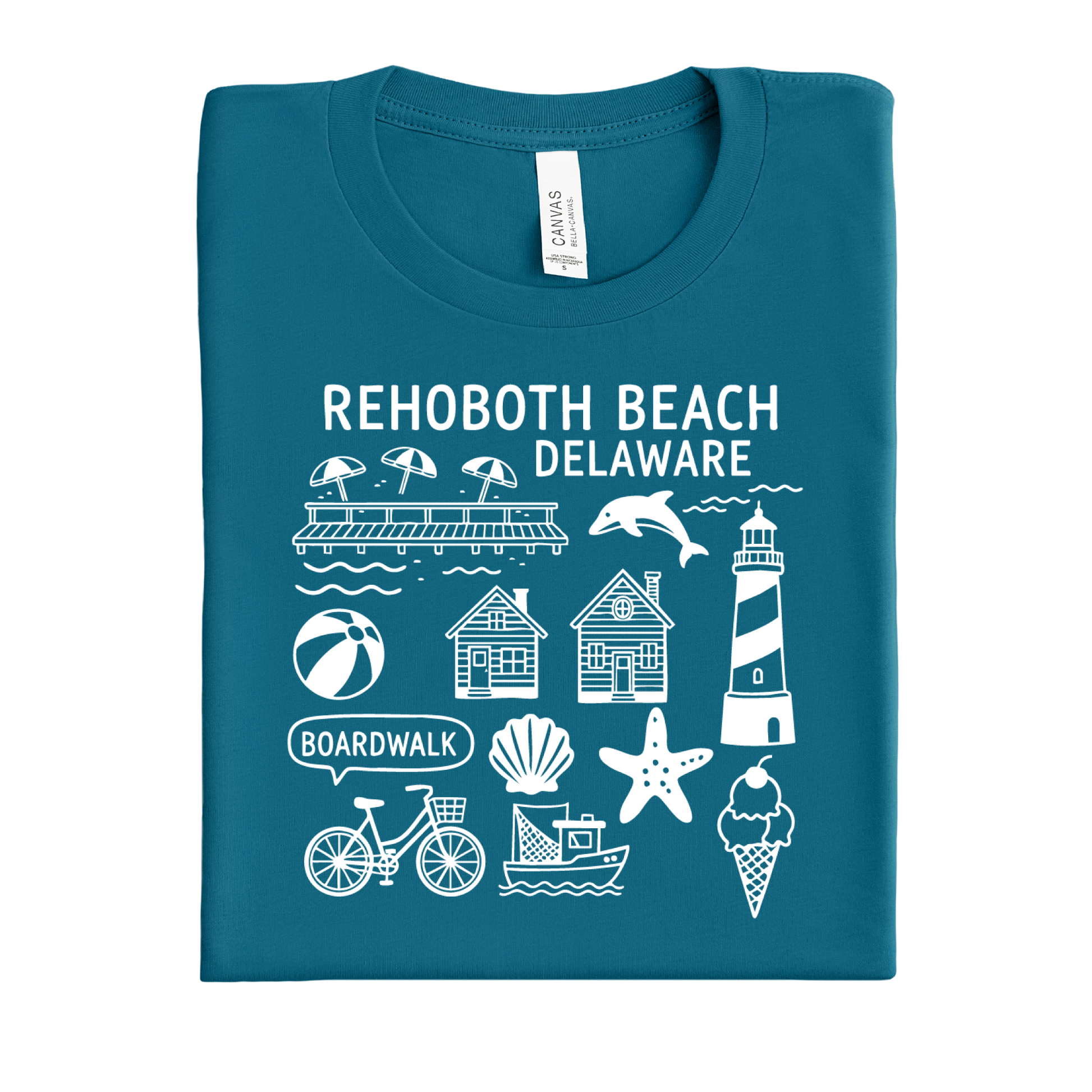 Folded deep teal t-shirt with white Rehoboth Beach Delaware graphics on a white background