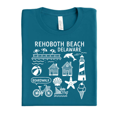 Folded deep teal t-shirt with white Rehoboth Beach Delaware graphics on a white background