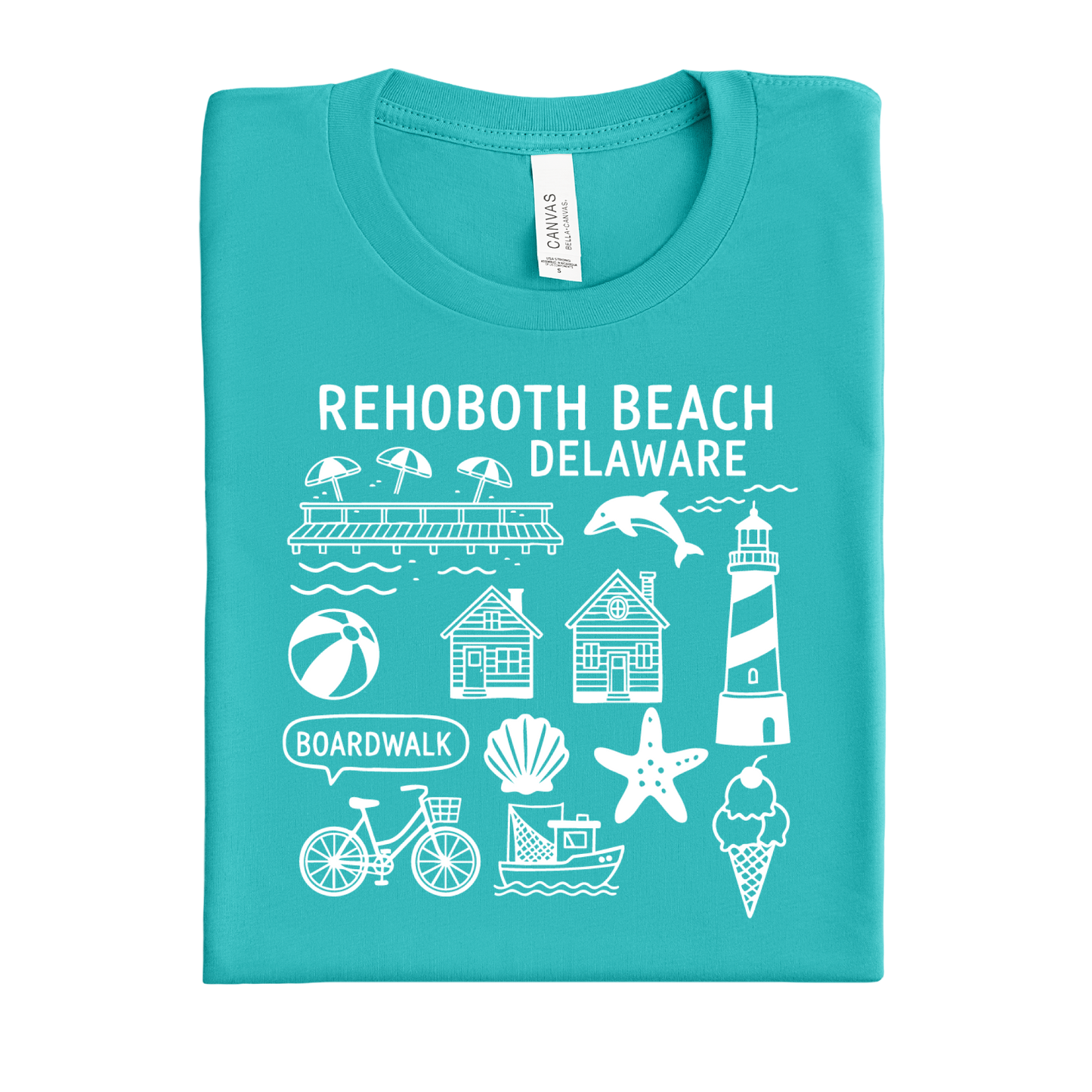Folded teal t-shirt with white graphics and text on a white background