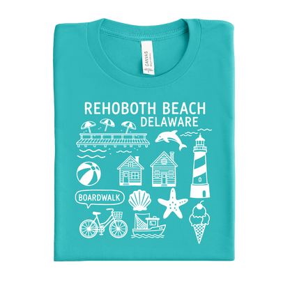 Folded teal t-shirt with white graphics and text on a white background