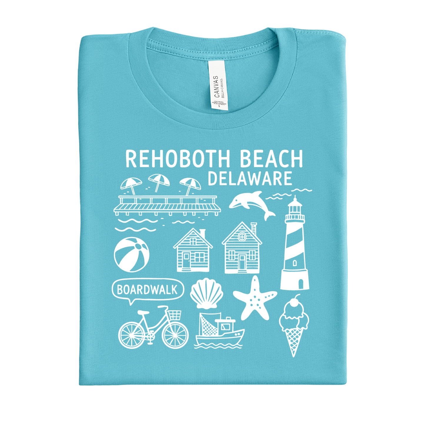 Folded  turquoise t-shirt with white graphics and text on a white background