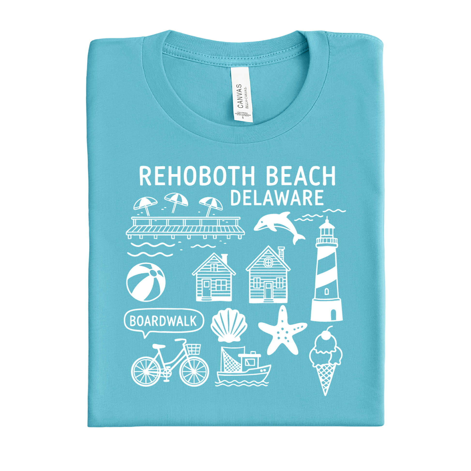 Folded  turquoise t-shirt with white graphics and text on a white background