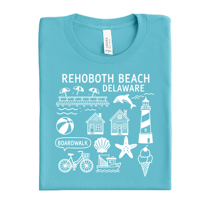 Folded  turquoise t-shirt with white graphics and text on a white background