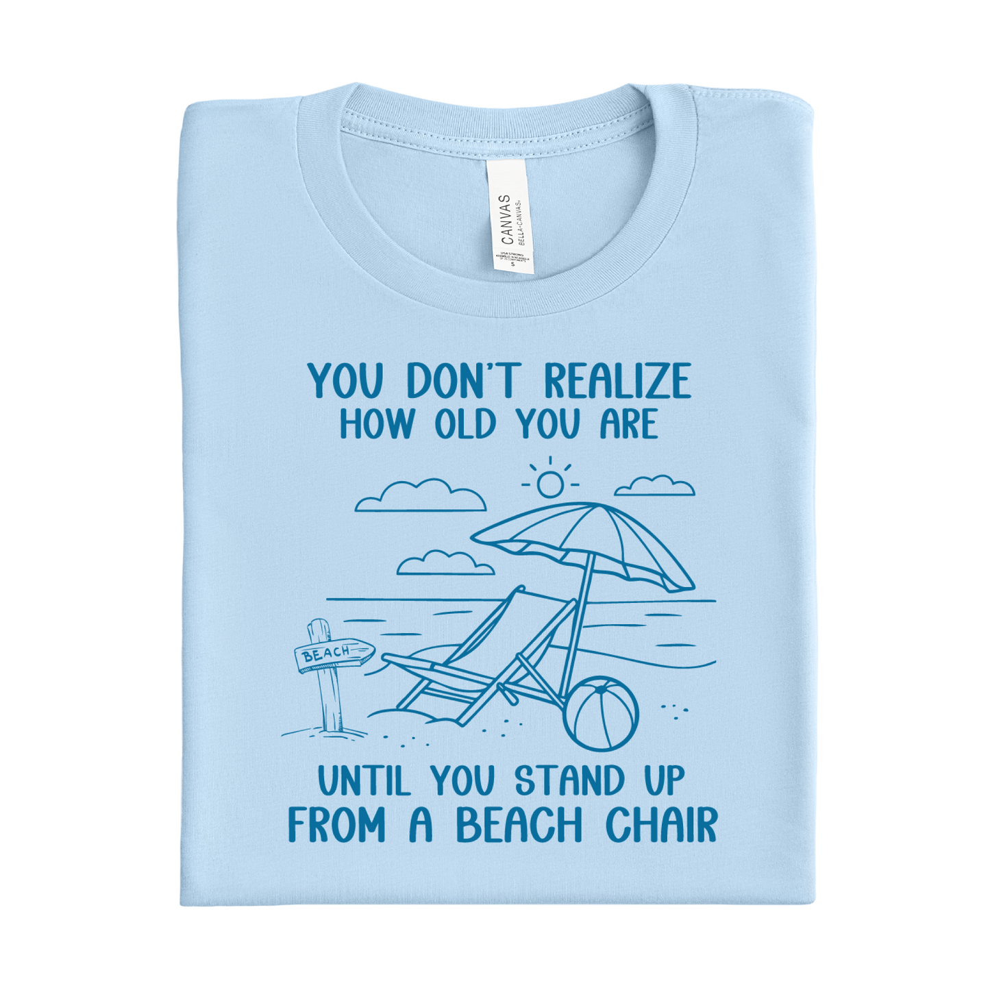Baby blue t-shirt with beach graphic and text on a white background