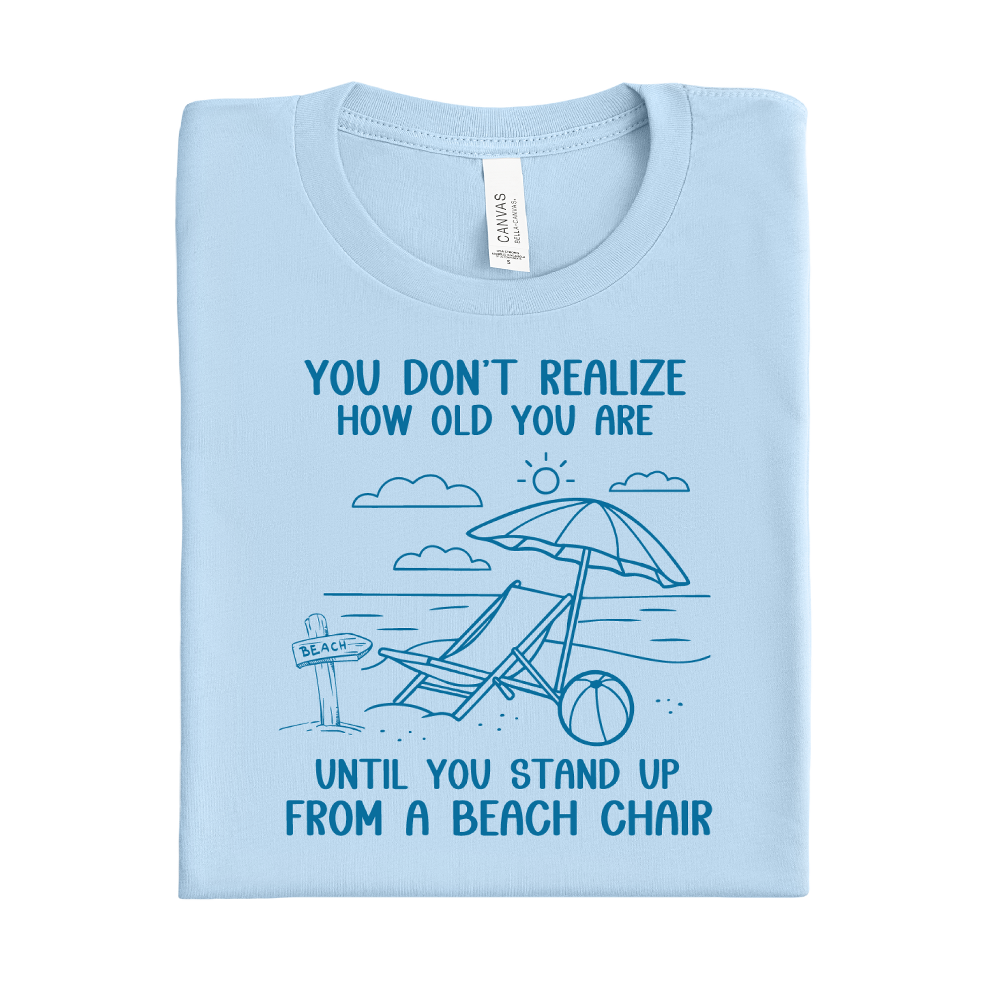 Baby blue t-shirt with beach graphic and text on a white background
