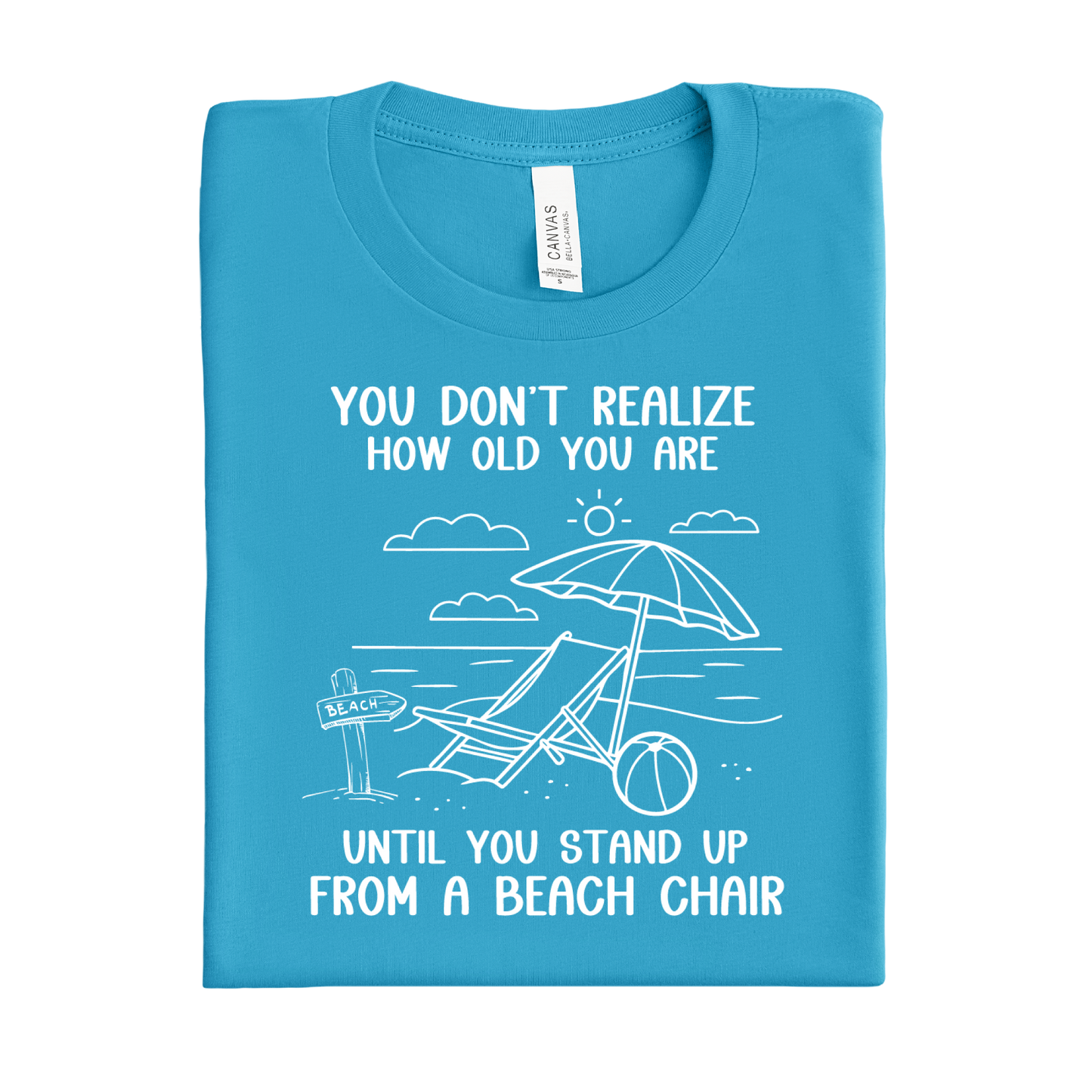 Aqua Blue t-shirt with beach-themed design and text on a white background