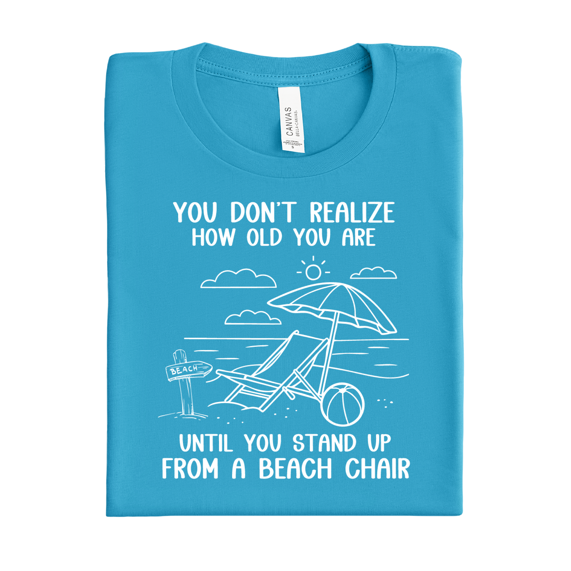 Aqua Blue t-shirt with beach-themed design and text on a white background