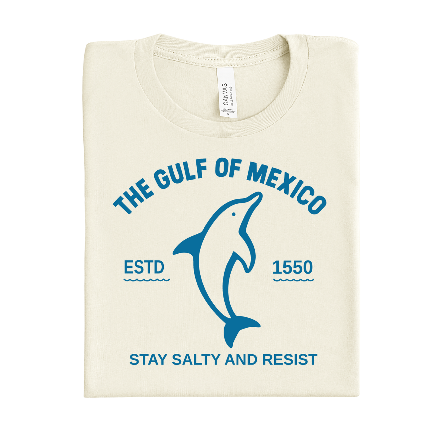 Folded t-shirt with blue graphic and text on a white background