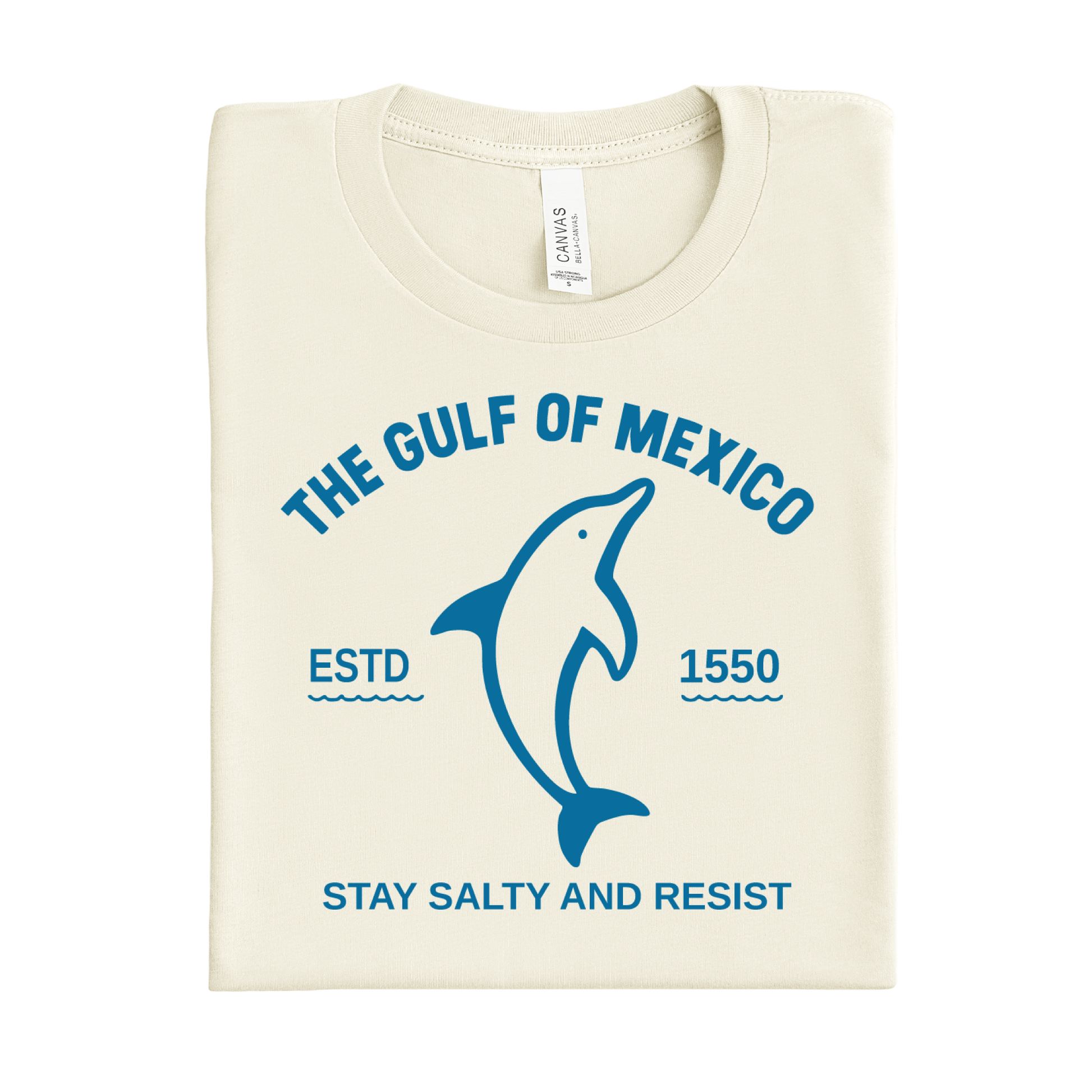 Folded t-shirt with blue graphic and text on a white background