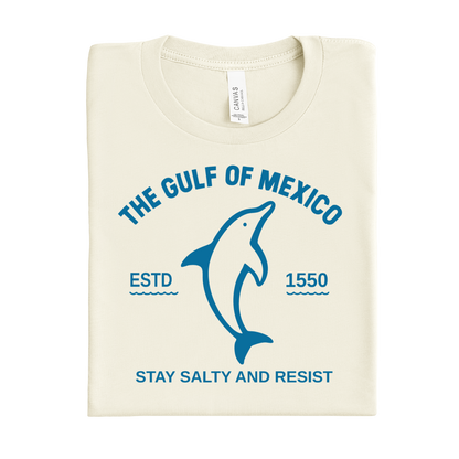 Folded t-shirt with blue graphic and text on a white background