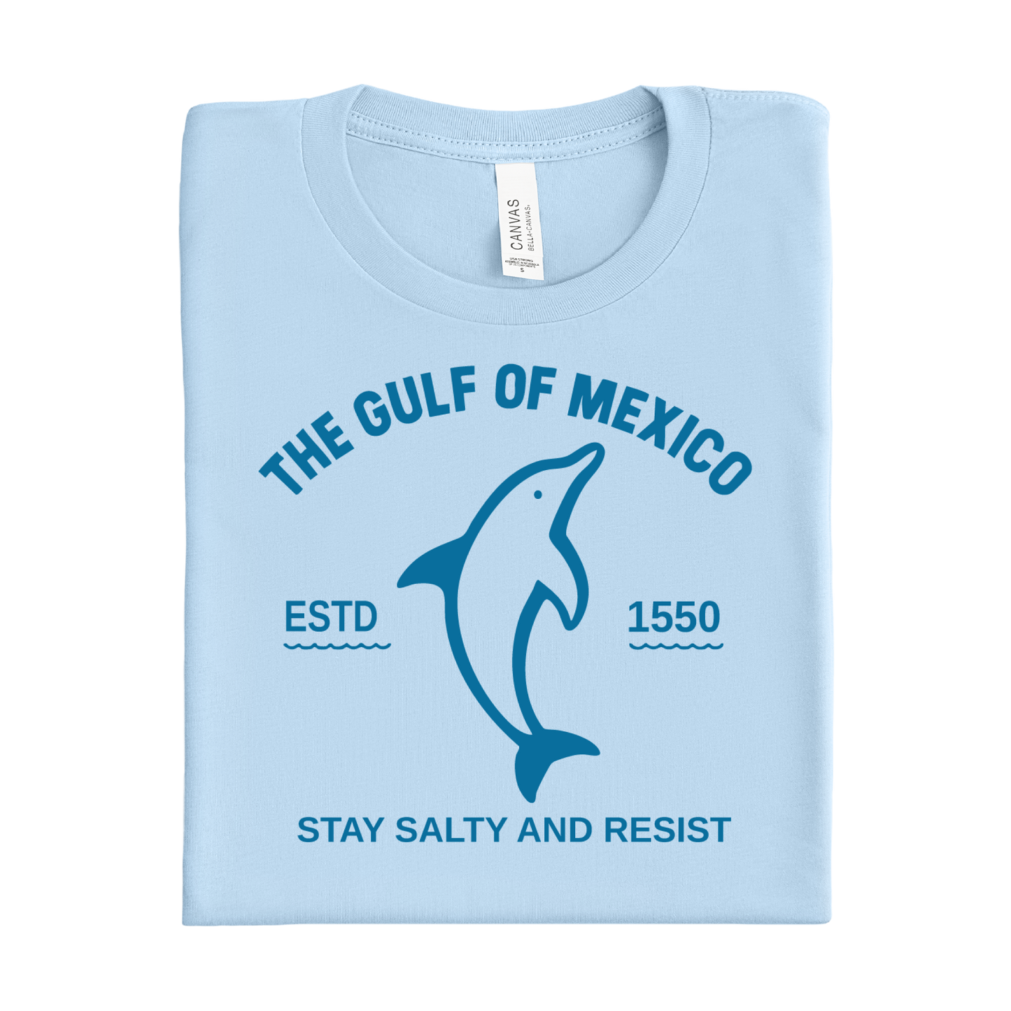 baby blue t-shirt with dolphin graphic and text on a white background