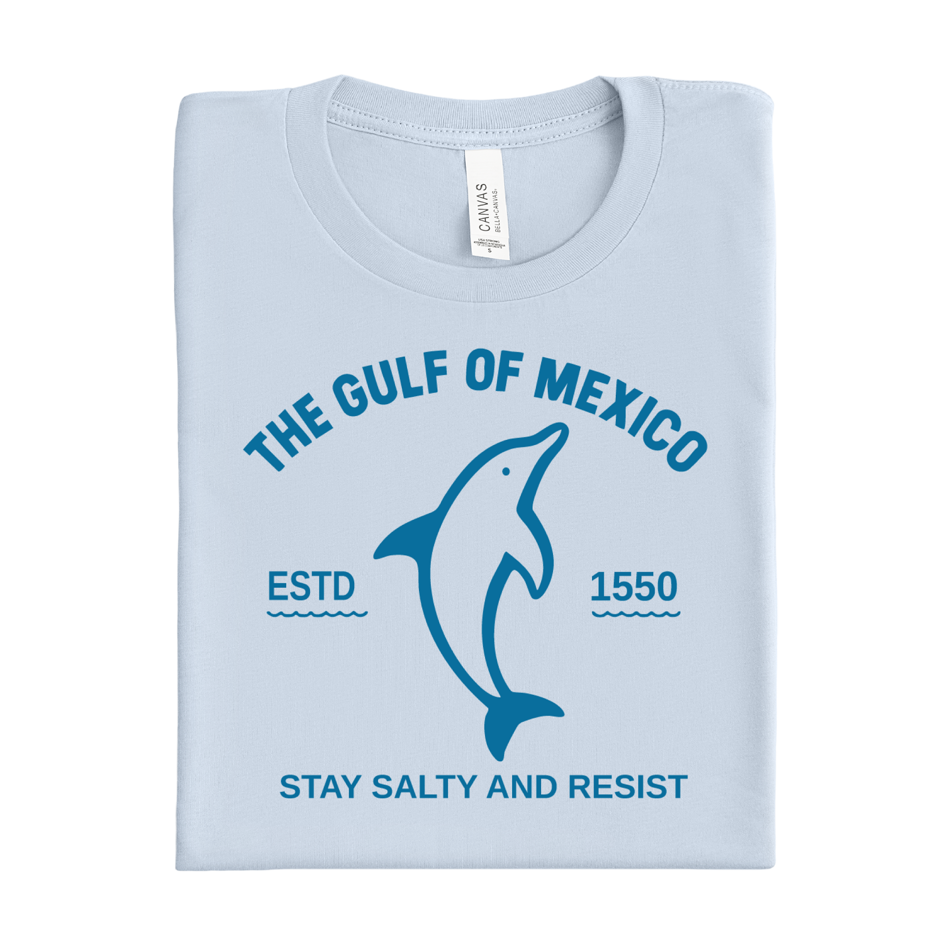 Light blue t-shirt with a dolphin graphic and text on a white background