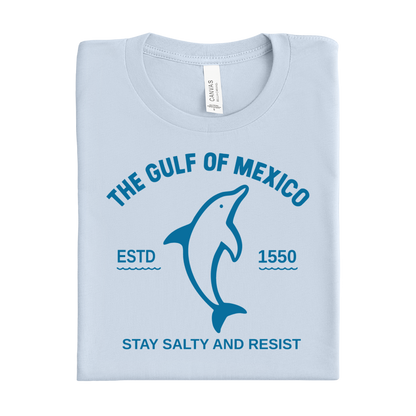 Light blue t-shirt with a dolphin graphic and text on a white background