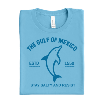 Folded ocean blue t-shirt with dolphin graphic and text on a white background