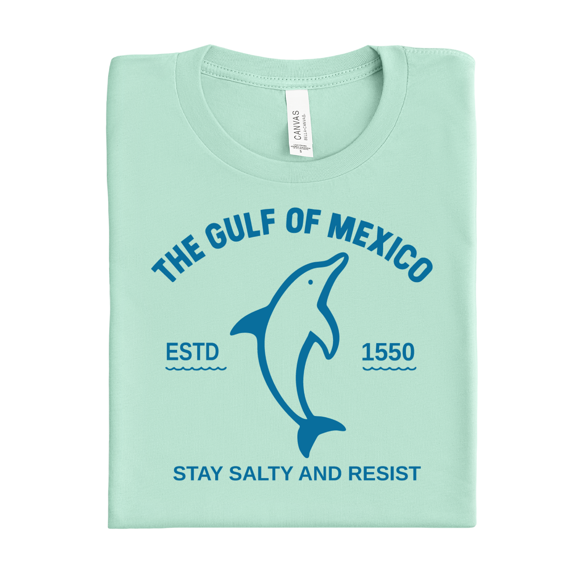 Mint green t-shirt with dolphin graphic and text on a white background