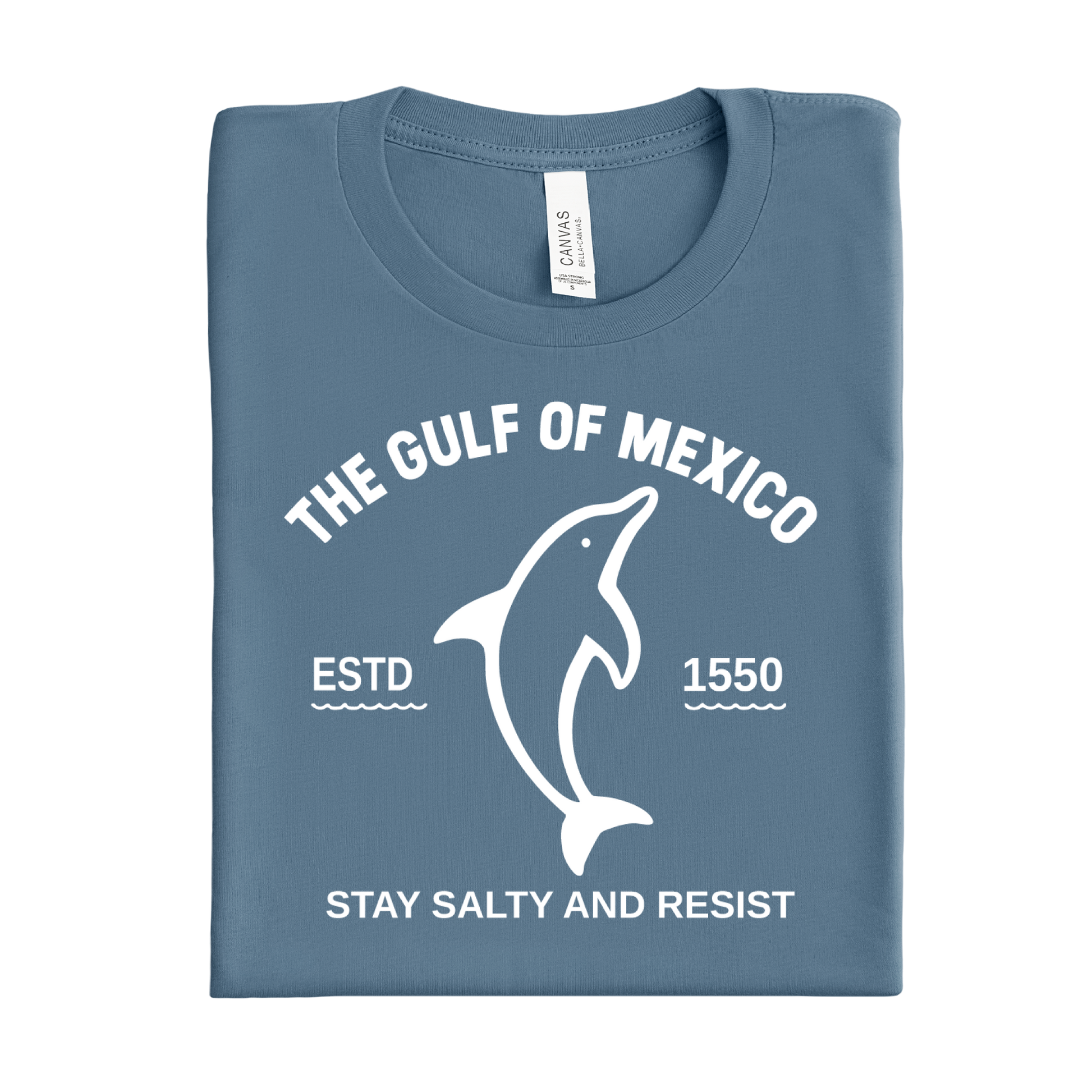 Folded blue steel t-shirt with white graphic and text on a white background