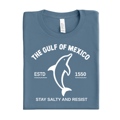 Folded blue steel t-shirt with white graphic and text on a white background